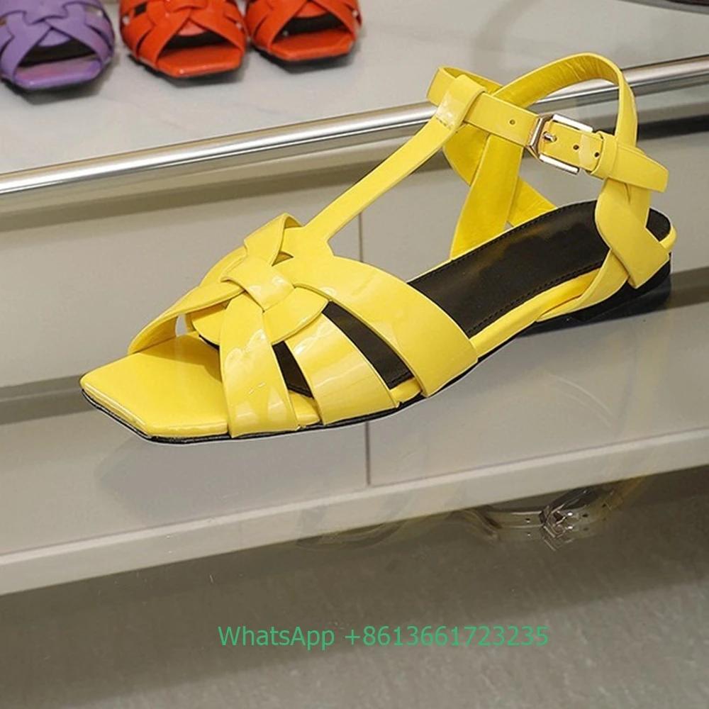 Fashion Women Cross Straps Square Toe Flat with Sandals Solid Color Open Toe Real Patent Leather Flat Sandales 2025 Newest Summer Sandal