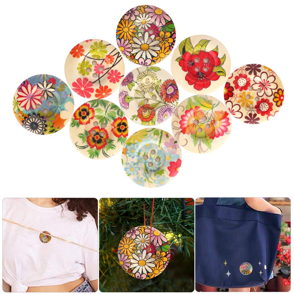 100Pcs Buttons Natural Wood Color Painted Printing Wide Sided DIY Clothing Accessories 30mm