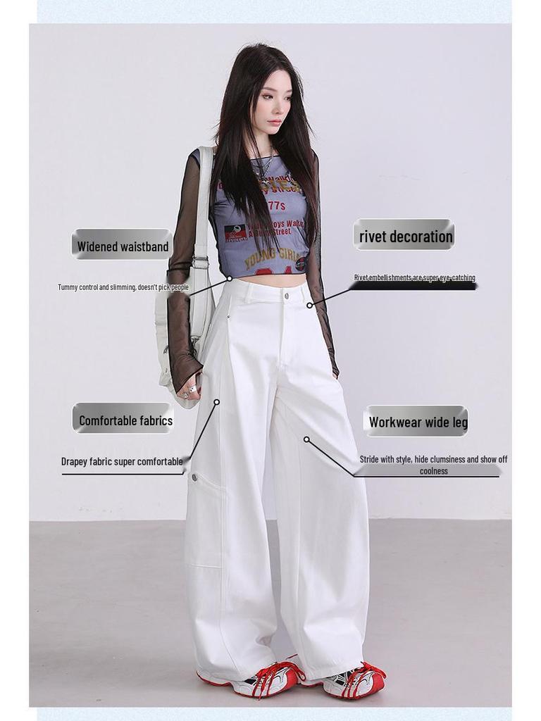 2025 Autumn Women's Spliced Wide-Leg Cargo Pants with Large Pockets