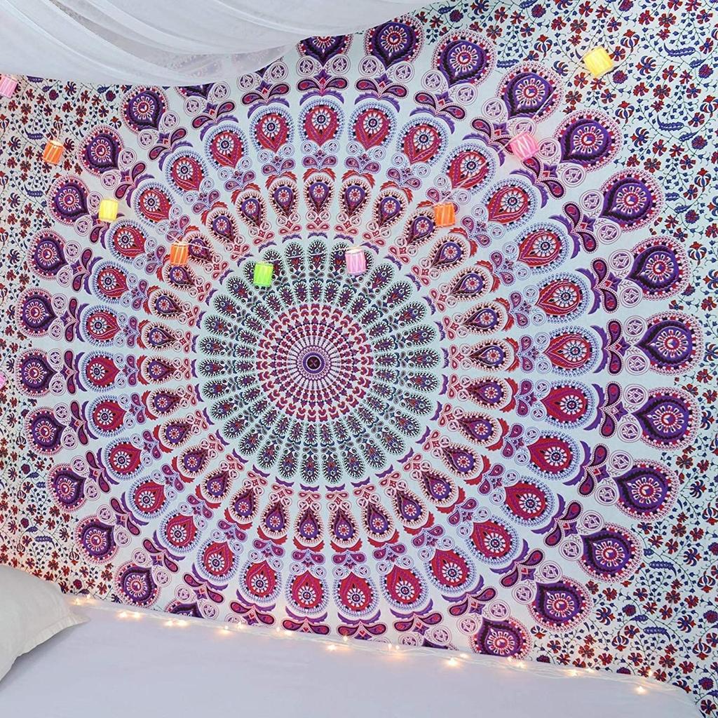 Golden Indian Bohemian Peacock Mandala Tapestry Wall Hanging
