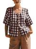 2026 Spring/Summer Women's Retro Loose Plaid U-neck Short-sleeve Shirt