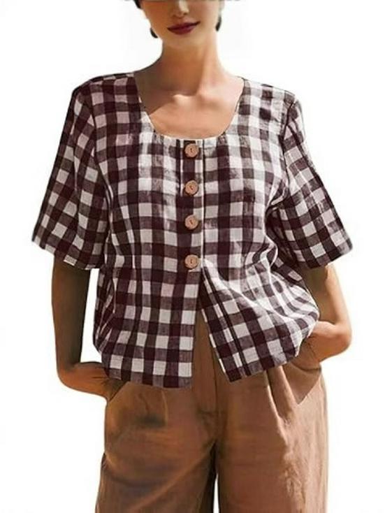 2026 Spring/Summer Women's Retro Loose Plaid U-neck Short-sleeve Shirt
