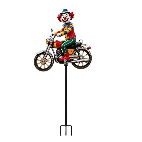 Spinning Clown Motorcycle Wind Spinner, Rotating Wheels Metal Kinetic Yard Art with Stake, Weatherproof Windmill Sculpture for Outdoor Lawn Patio