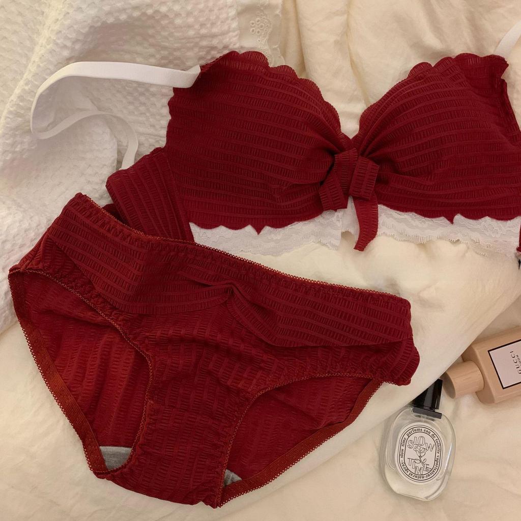 Women's Red Rabbit Year Lucky Sexy Wireless Bridal Bra Set - Gathered Bust