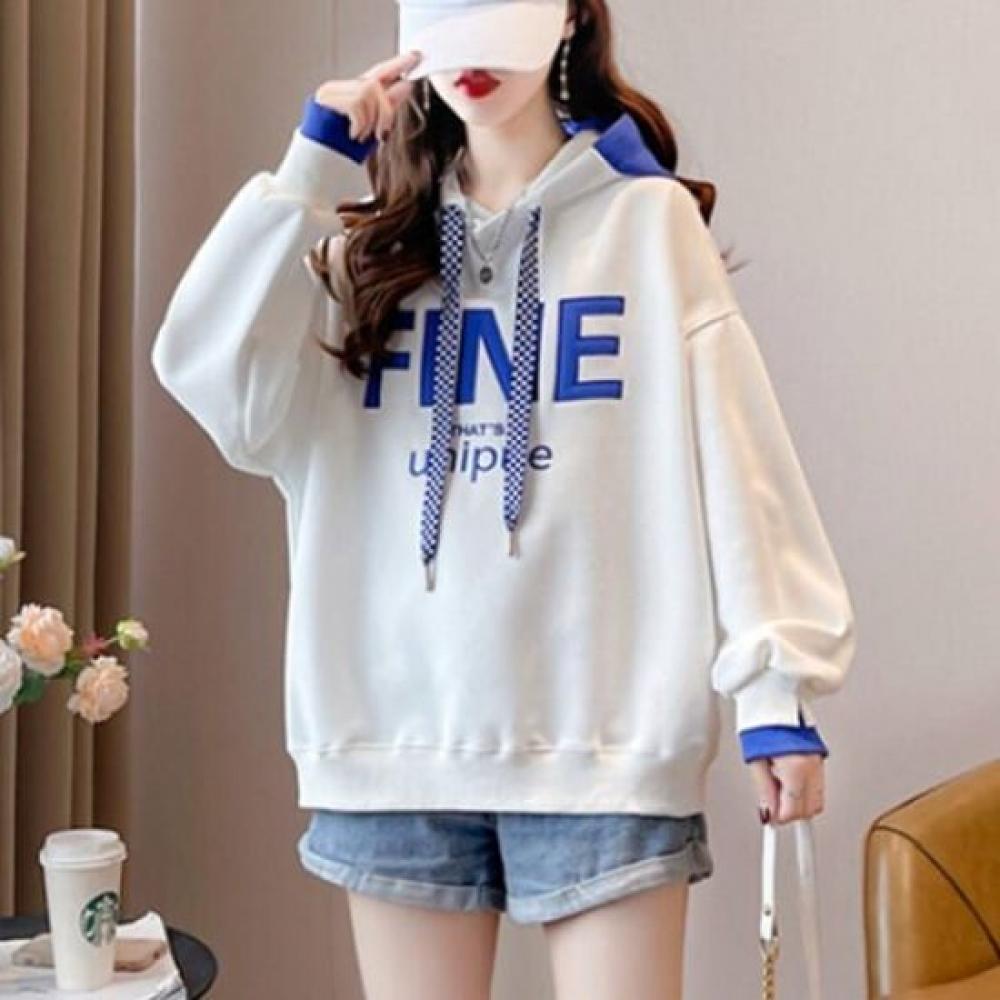 Navava Women Lettering Color Block Long Sleeve Hoodie Nt2154