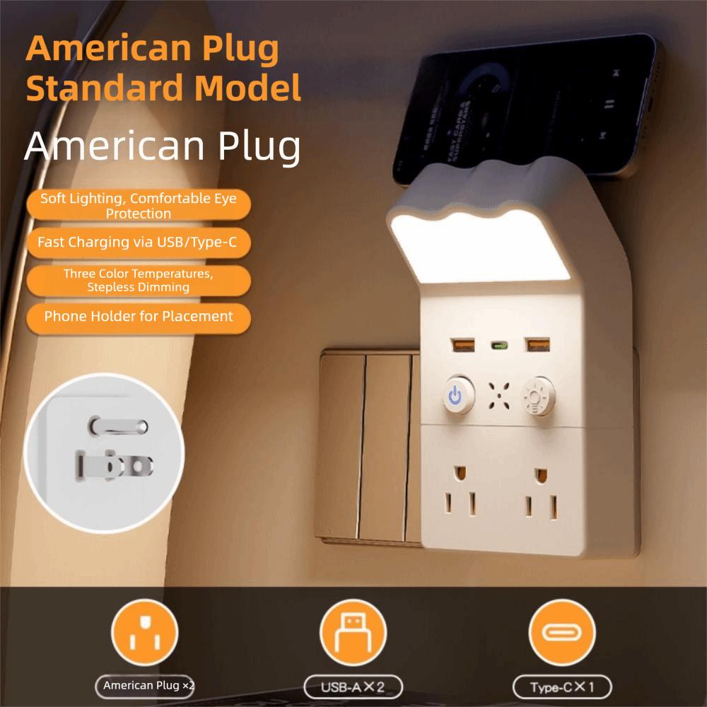 Universal Socket Night Light Socket Converter 1Type C & 2USB-A Warm White LED Socket Wall Lamp Square US/UK/EU Plug
