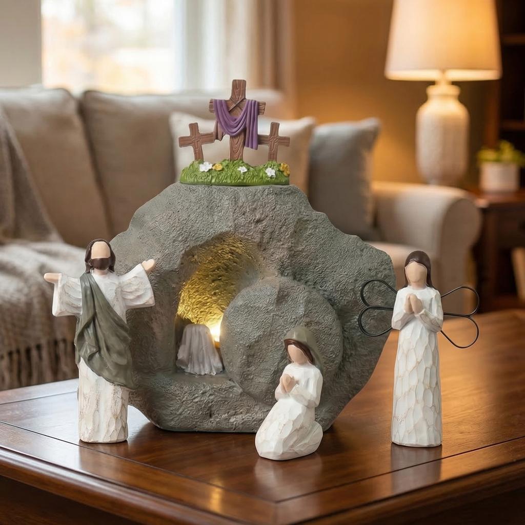 Christian Easter Decor Little Jesus Figures Empty Tomb Easter Scene Decor with Cross for Indoor Holiday Home Tabletop Ornaments