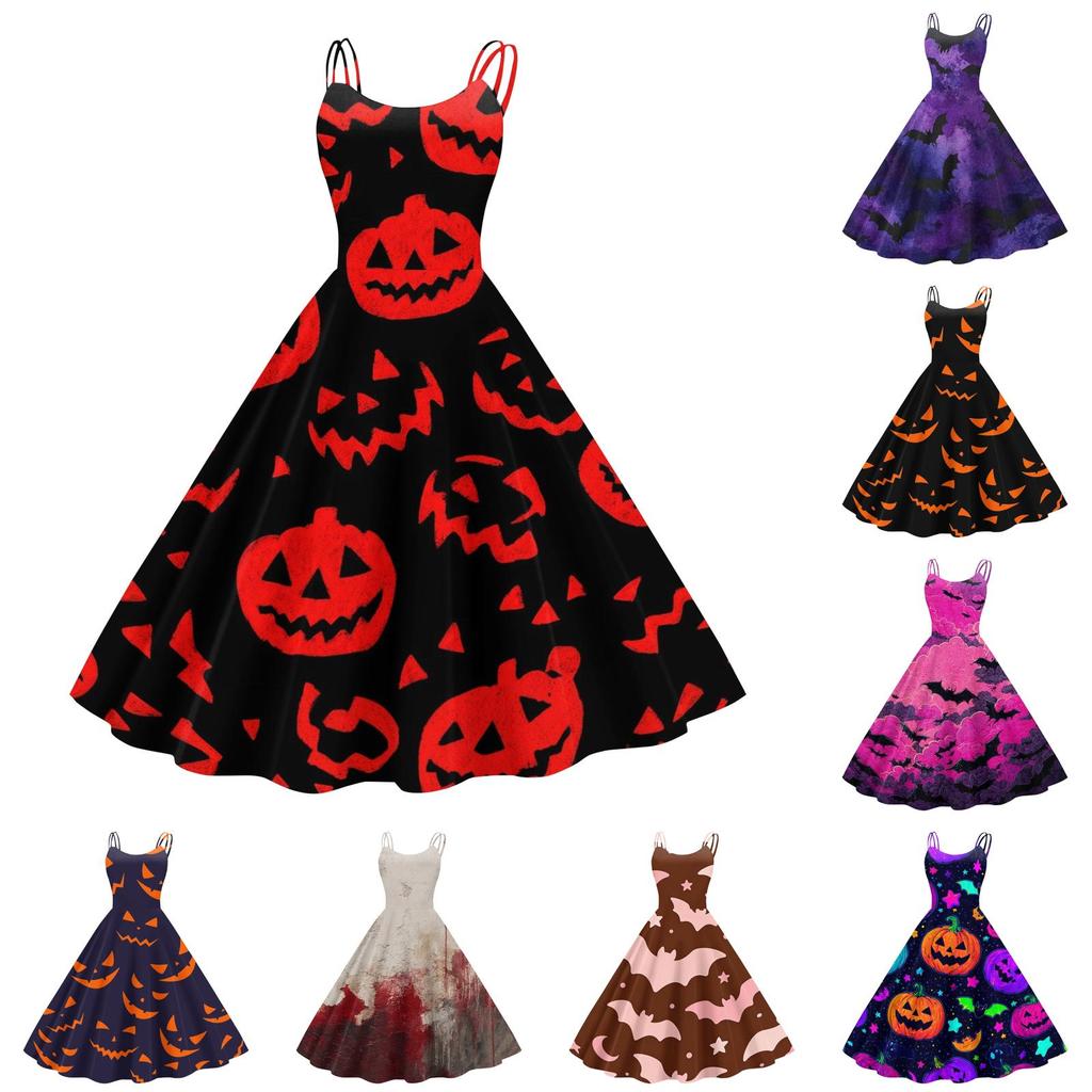 Women Halloween Printed Off Shoulder Punk Vintage Dress Sleeveless Spaghetti Strap A-Line Midi Dress