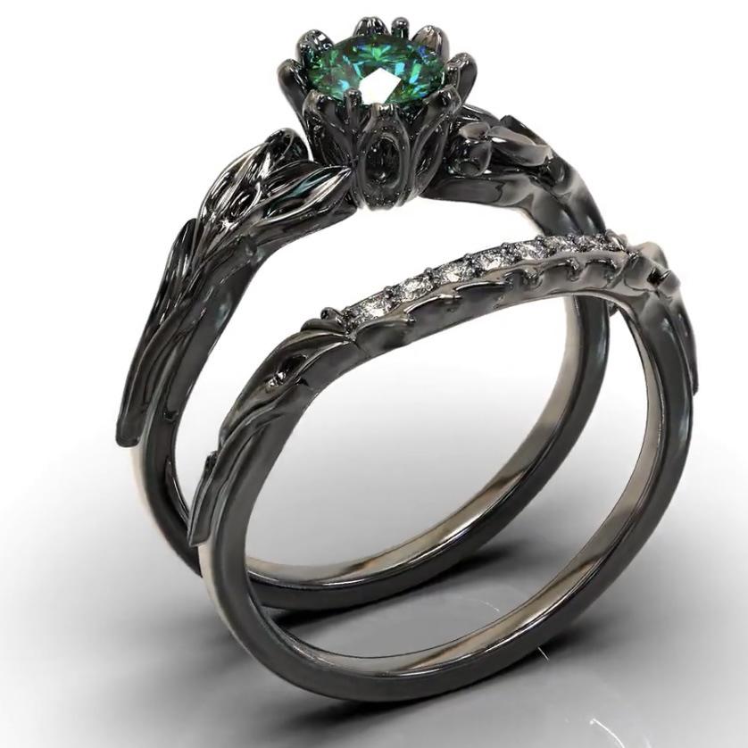 Sanjie SHEIN Emerald Inlaid Gun Black Wedding Rings for Women