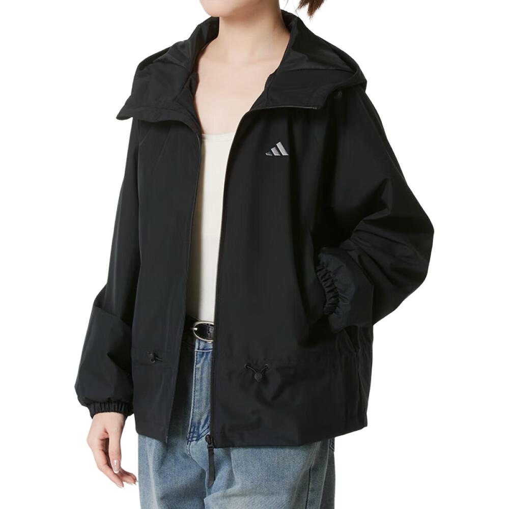 Adidas Windproof Water-Resistant Hooded Zip-Up Long Sleeve Woven Jacket Outdoor Casual Sports Outerwear Women Black KS2807