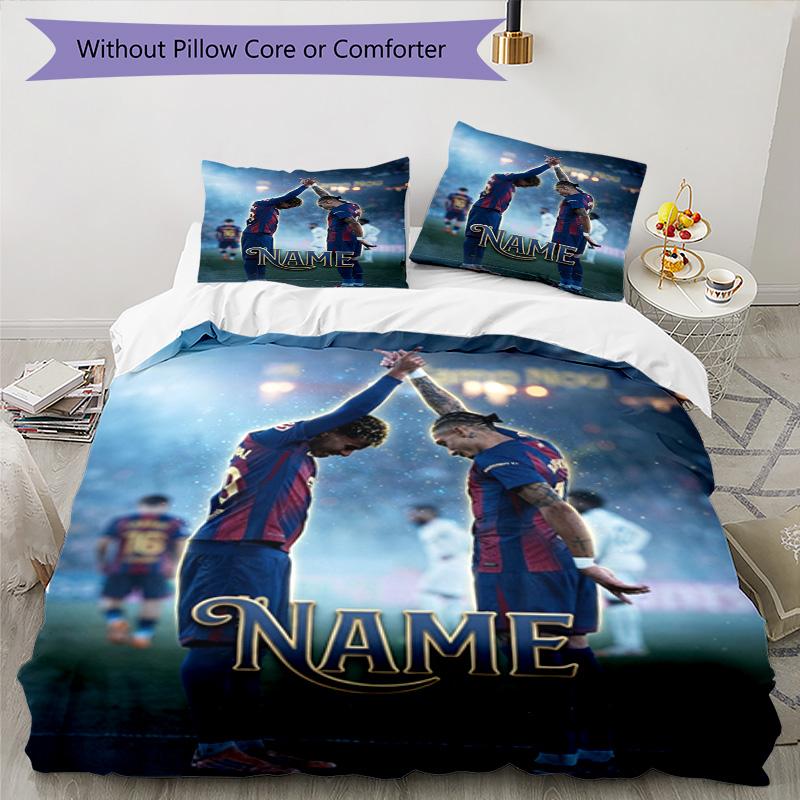 Messi Football Duo High Five Celebration Personalized Name Bedding Set,Airy Bed Linen for Sports Room Decor,Perfect Teenager Gift,Double Sided Duvet C