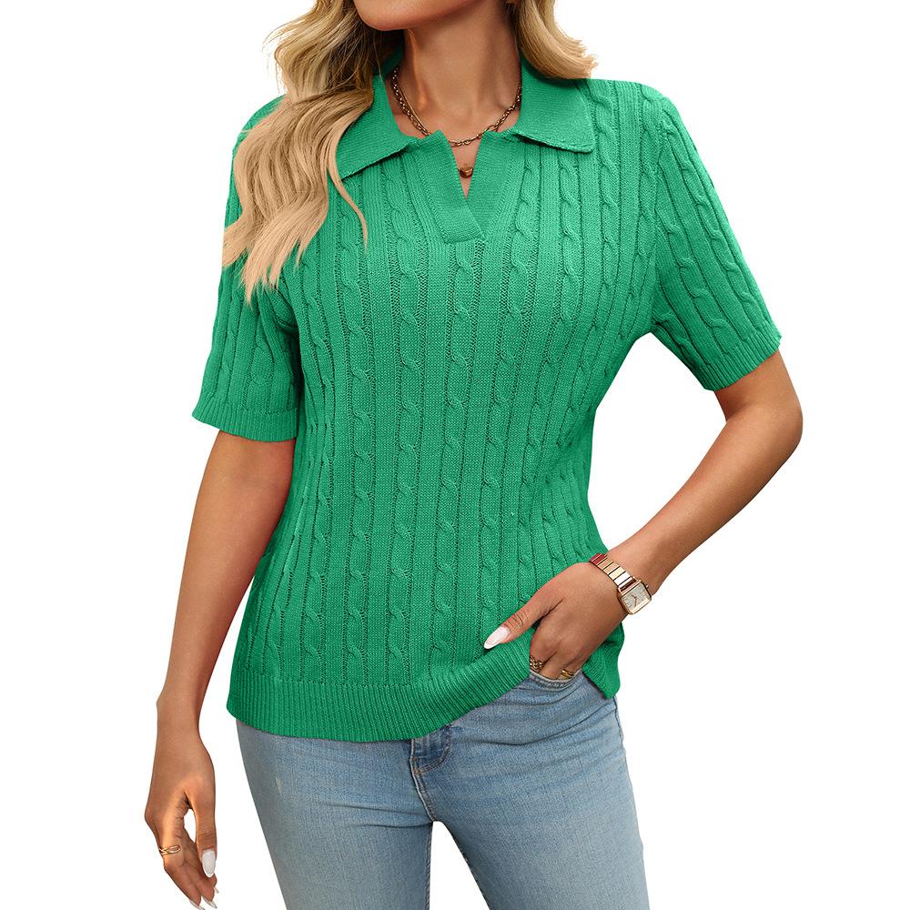 2025 Summer Women's Short Sleeve Lapel Collar V-Neck Cable Knit Pullover Sweater, Casual Chic Knitted Top for Daily & Office Wear