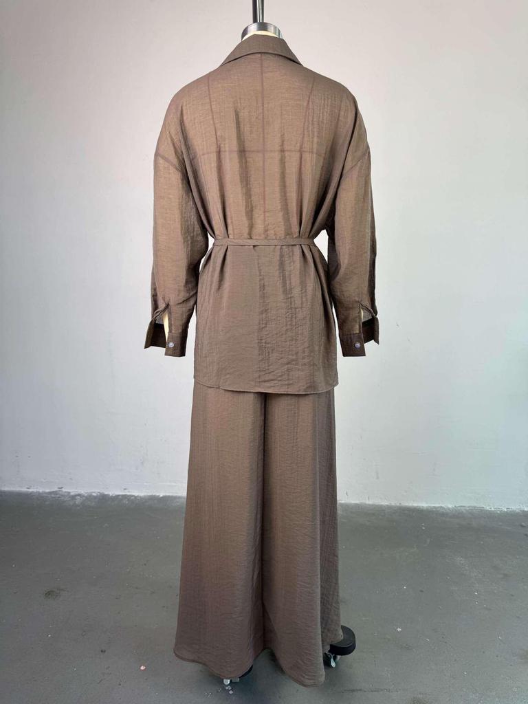 European & American Women's Spring/Summer 2025 Fashion: Loose Turn-down Collar Long-Sleeve Shirt & High-Waist Midi Skirt Set