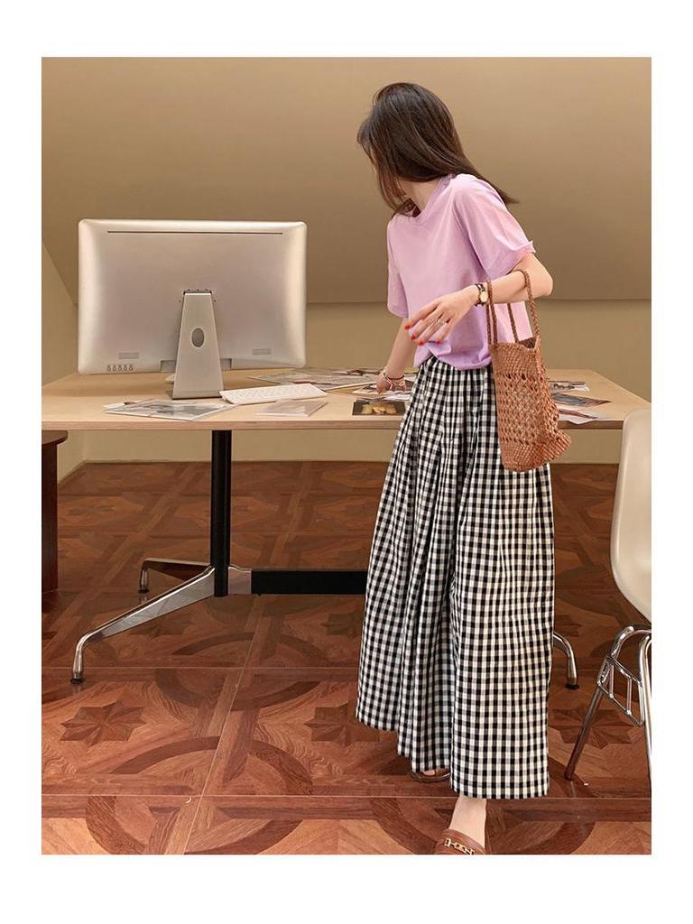 Damen Karomuster Baumwoll-Leinen Weitbein Hose - Elastischer Bund, Slim Fit, Lässiger Lockerer Schnitt