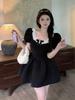 French high-end Hepburn style daughter feeling small black dress women's summer niche square neck bow bubble sleeve dress
