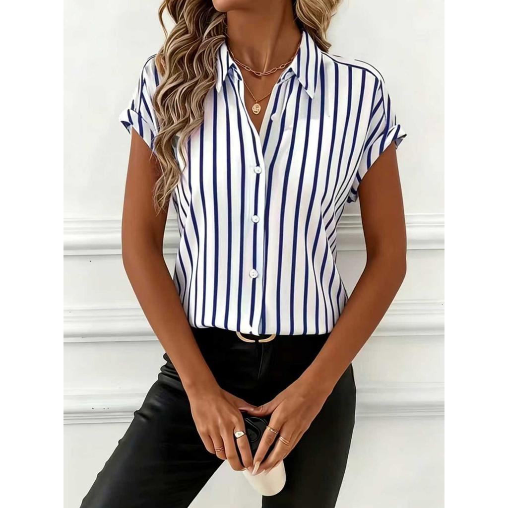 Nuova Blusa a Maniche Cadenti a Strisce con Bottoni da Donna per l'Estate