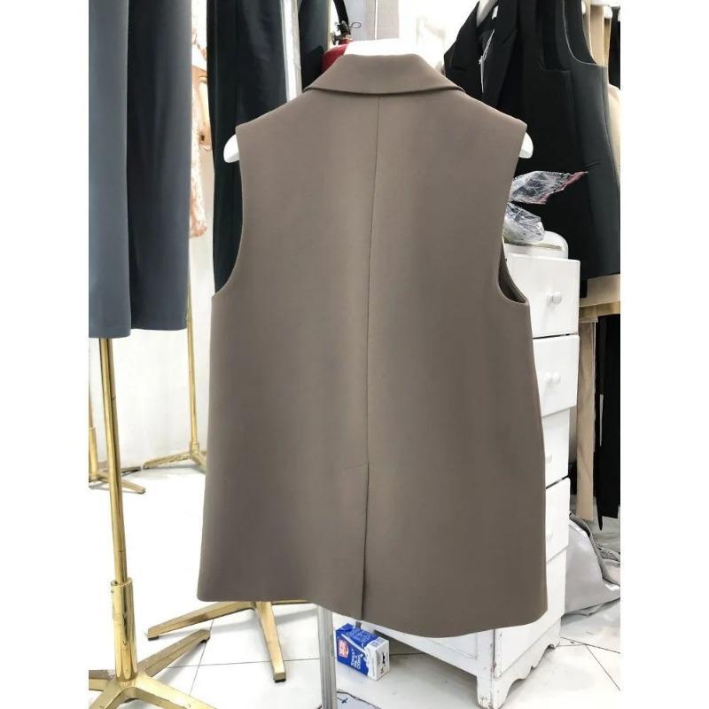 Women's K Grey Double Breasted Sleeveless Blazer Vest with Lapel Collar and Pockets
