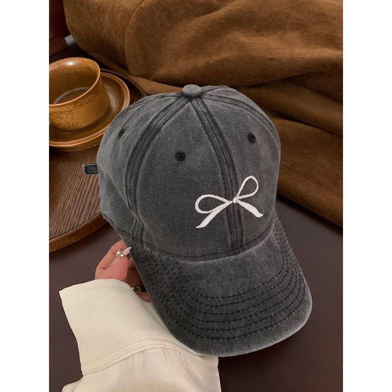 Bows Embroider Baseball Cap Female 2024 Spring New Arrival Washed Distressed American Retro Wide Brim Cover Face Peaked Cap