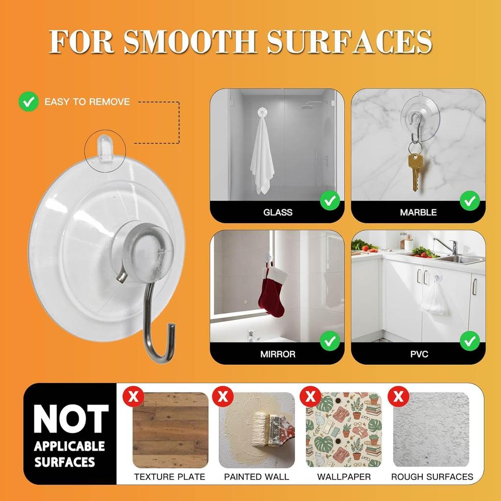 Suction Cup Hooks 12Pcs, 1.77Inch Clear Medium No Trace Suction Cups Removable with Stainless Steel Hook, for Tile, Glass, Window, Shower, Kitchen,