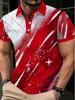 [Printed Design - Not Textured] Men's Fashion Trend Casual Polo Shirt, Men's Streetwear Brand Star Print Short Sleeve Polo with Red and White Color