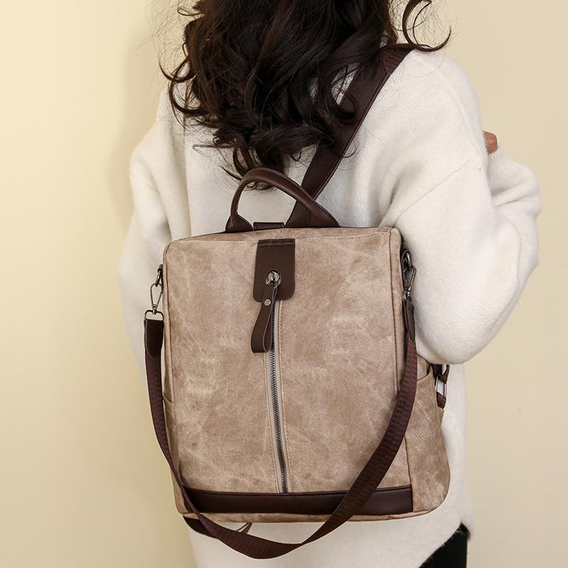 Zipper Backpack Women's Block Color Backpack Female Anti-Theft Schoolbag