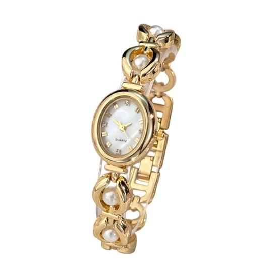 

Ladies Oval Dial Watch Elegant Nacre Surface Faux Pearl Bracelet Wristwatch Retro Quartz Watch Luxury Timepiece Gift for Mom Wife платиновий