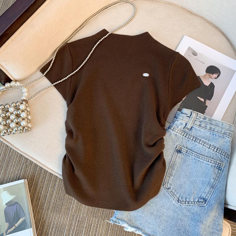 

Модная повседневная вязаная футболка женская с короткими рукавами летние облегающие белые футболки офисные женские короткие стильные элегантные футболки женская одежда 24239 One Size темно-коричневого
