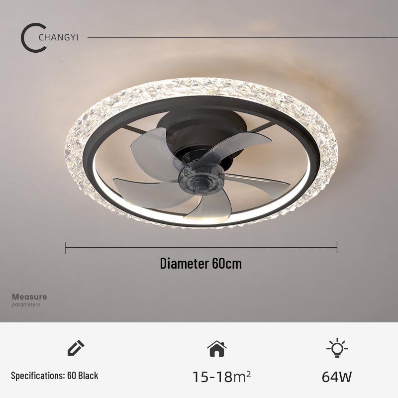Modern Minimalist LED Crystal Ceiling Fan with 360° Rotation for Bedroom and Study