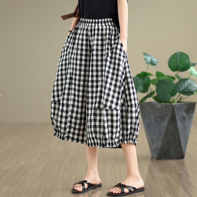 Rozmiar plus Vintage krata wysoki stan Casual luźne Lato szerokie nogawki Spodnie krzyżowe Kobiety Spodnie