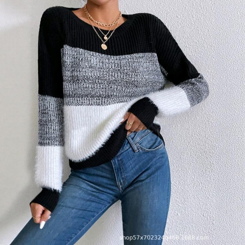 Damen Farbblock Pullover Strickpullover Lässiger Fauler Stil Vielseitiges Tägliches Oberteil