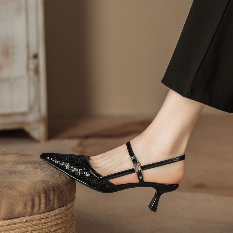 H963-1 black half bag head high heel sandals pointed head thin heel summer women's shoes sheepskin insole beaded sheet surface