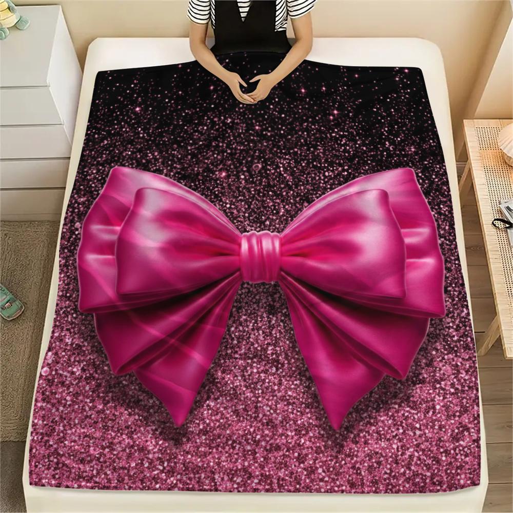 1Pc Pink Bow Print Flannel Blanket, High quality Comfortable for All Seasons, Home Decor, Warmth and Comfort, Perfect for Christmas Gifts W29