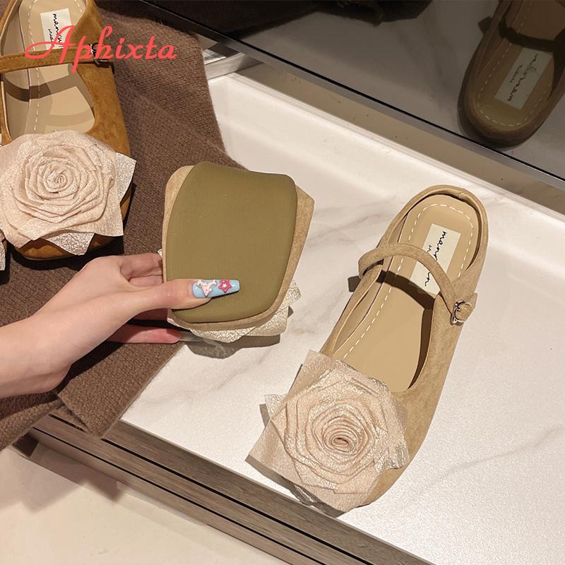 Fashion Aphixta New Big Flower Dec Slippers Khaki Sweet Women Slippers Soft Sole Slip On Outside Round Toe Shoes Flat Heel Fashion Slide