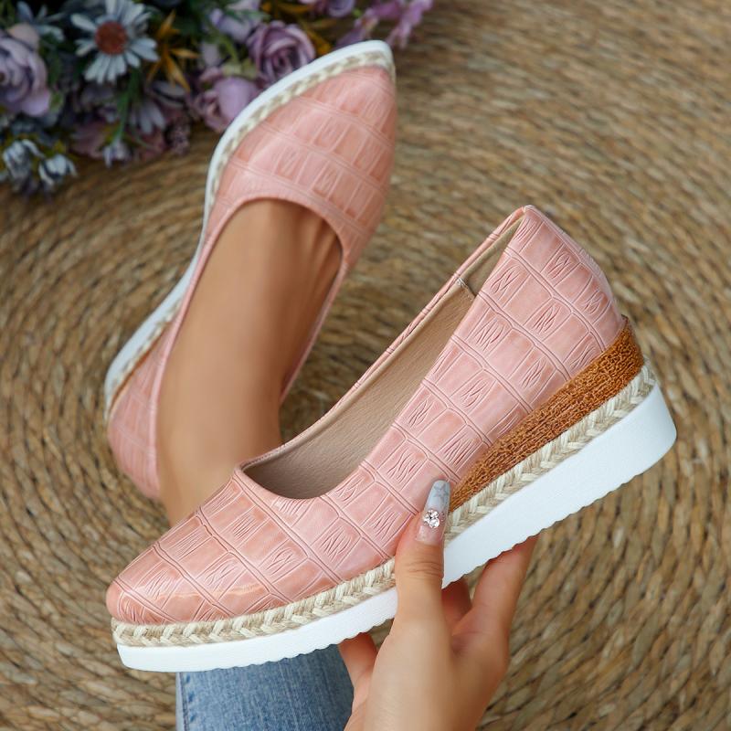 Casual Wedge Heel Pumps Women 2025 Summer Pointed Toe Medium Heel Non Slip Loafer Pumps Comfortable Soft Hemp Sole Shoes Women