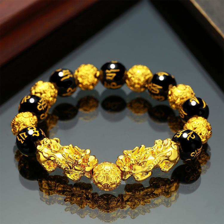 Pixiu Obsidian Buddhist Mantra Bracelet - Vietnamese Sand Gold Style