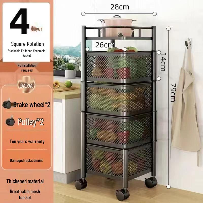 Köks roterande kolstål grönsaks- och fruktskålställ - Golvstående, Fyrkantigt, Flerlagers, Rörligt, Ingen montering krävs.