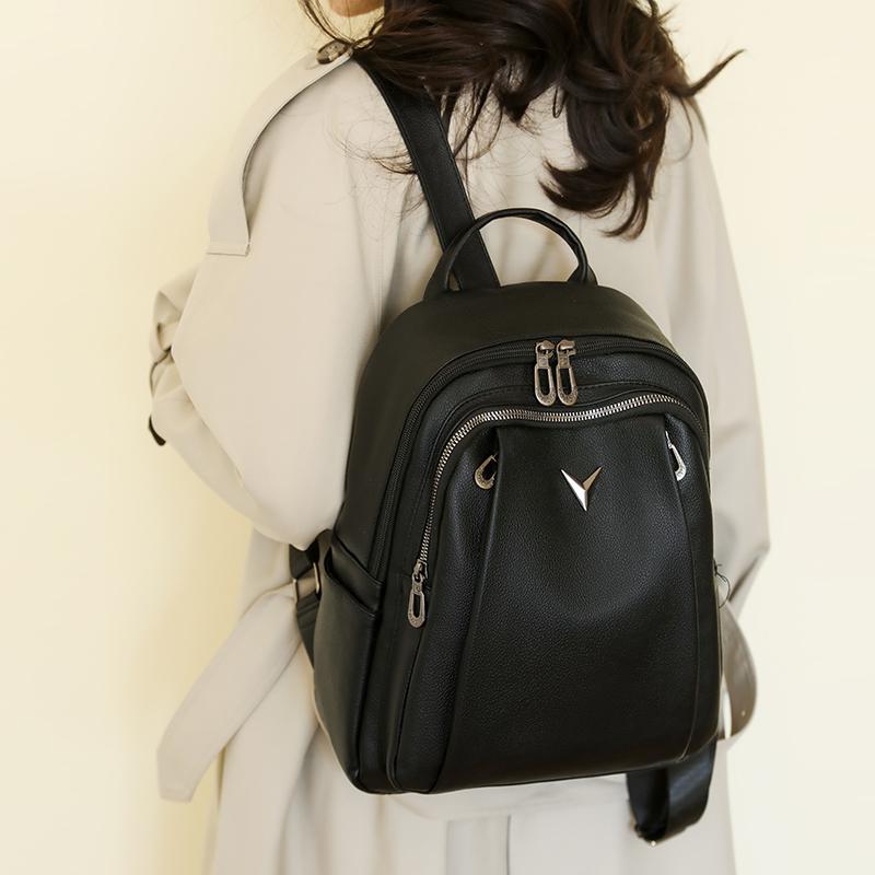 Leather Backpack Women's Solid Color Large Capacity Travel Backpack