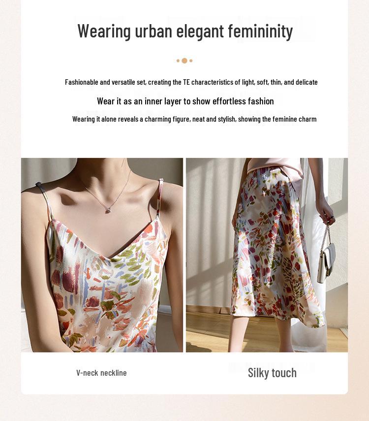 Women's High-Waist Silk A-Line Mid-Length Satin Skirt with Print