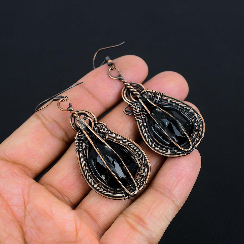 Black Spinel Earrings, 999 Copper Wire Wrapped Earrings Handmade Gemstone Jewelry, Gifts For Wife Brand New Earrings