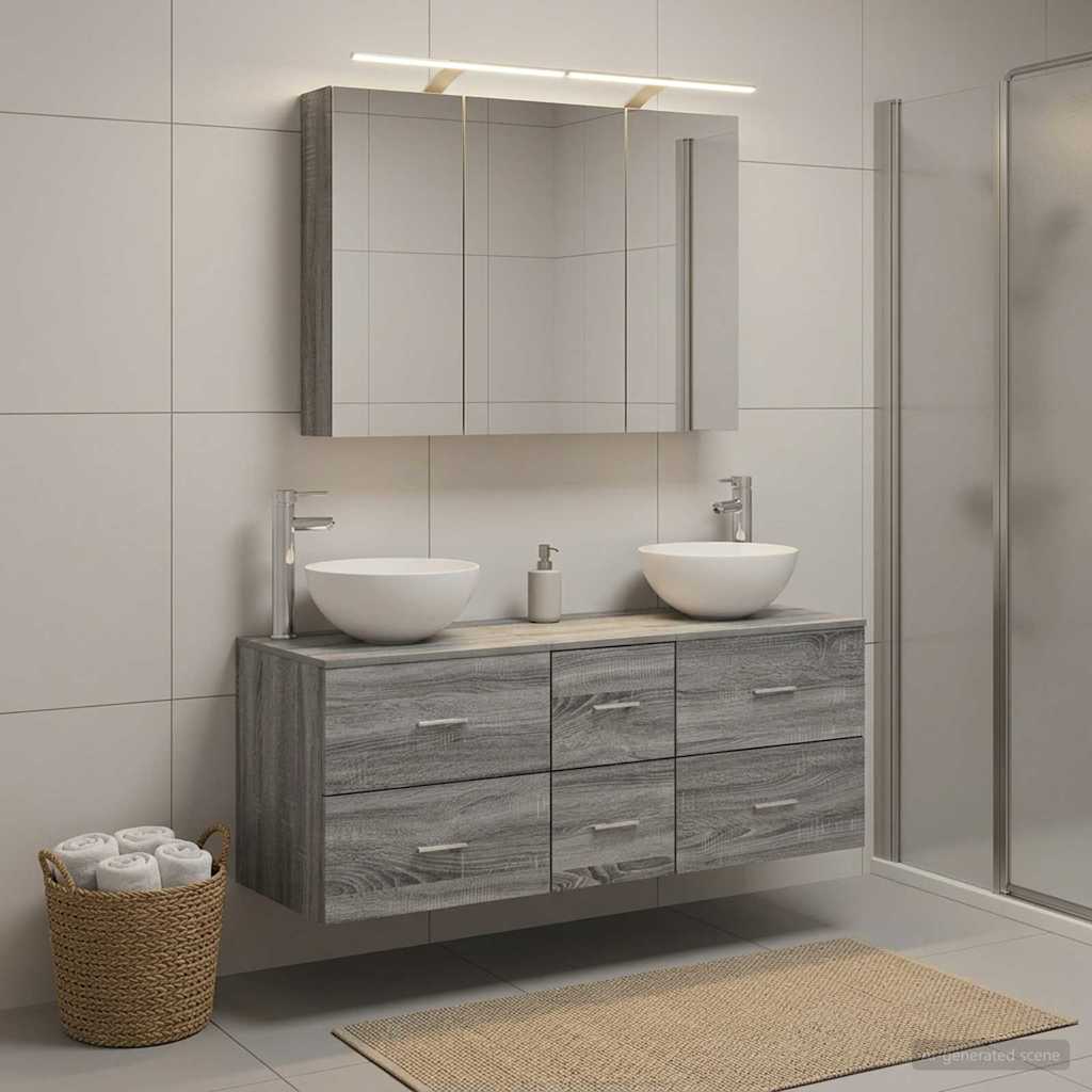Bathroom Furniture Set 4 Pcs Grey Sonoma Engineered Wood and Glass
