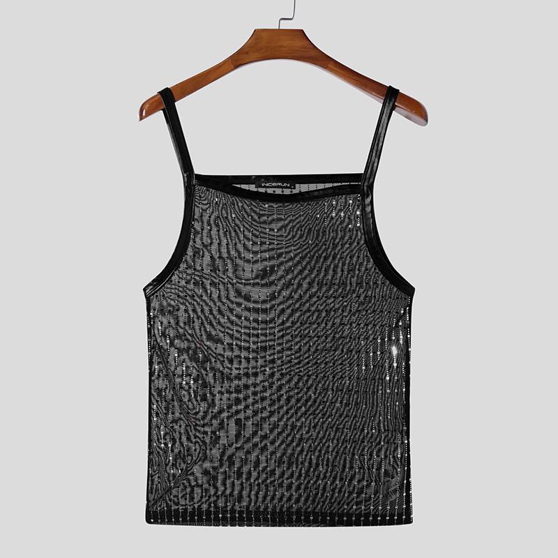 INCERUN Men Strap See Through Tank Tops Sleeveless Party Mesh Glitter T-shirts