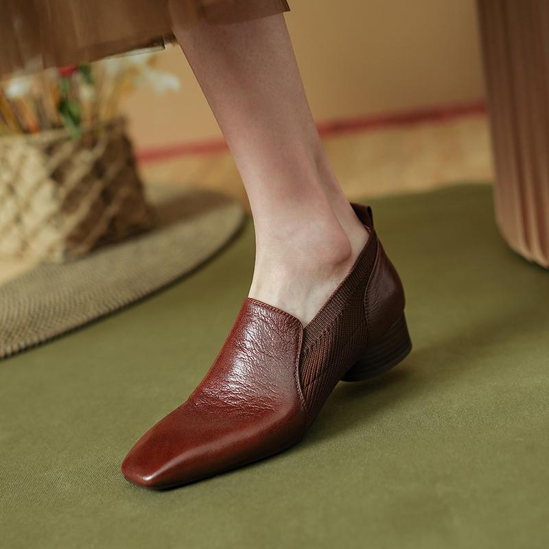 Retro Women Pumps High Heels 2024 Spring Summer Genuine Leather Square Toe Mature Basic Office Lady Elegant Shoes Woman Pumps