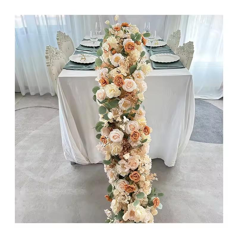 200cm champagne Atficial Flower Row Runner Elegant Center Stage Background for Wedding Party Home Decoration