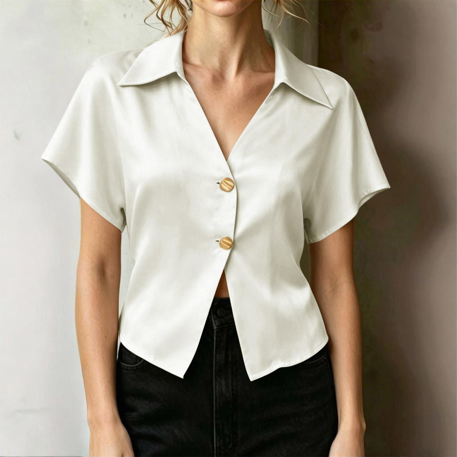 

Women s New Spring/Summer Casual & Stylish Satin Blouse — V-Neck, Short Sleeve, Cropped Top XL білий