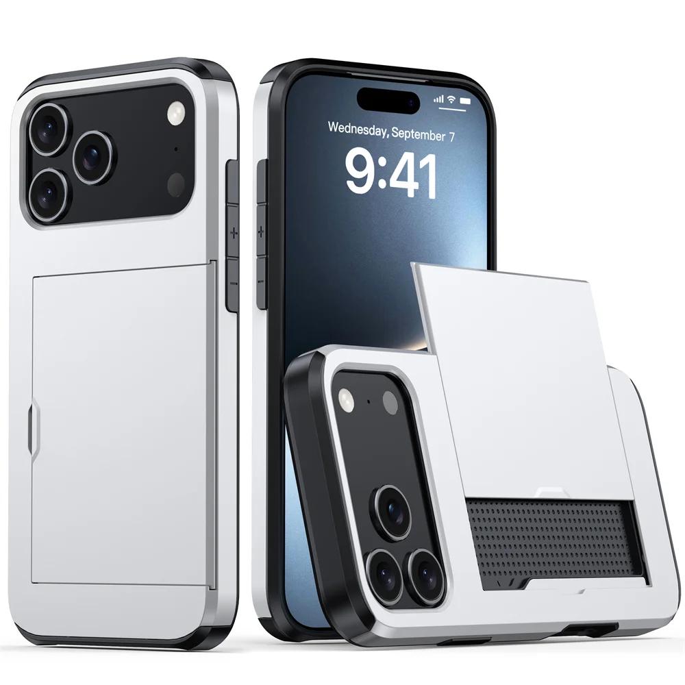 Per iPhone 17 Pro Max 17Air 16 Plus 15 Pro 15 14 13 12 11 Portafoglio Porta Carte Slot a Scorrimento Cover Protettiva Resistente in PC Rigido