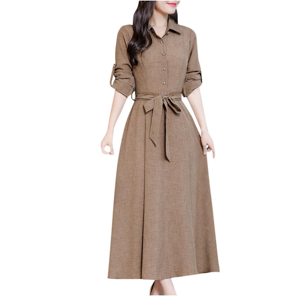 

(SU)Женское элегантное однотонное платье с длинным рукавом и высокой талией в стиле бохо, платье на пуговицах