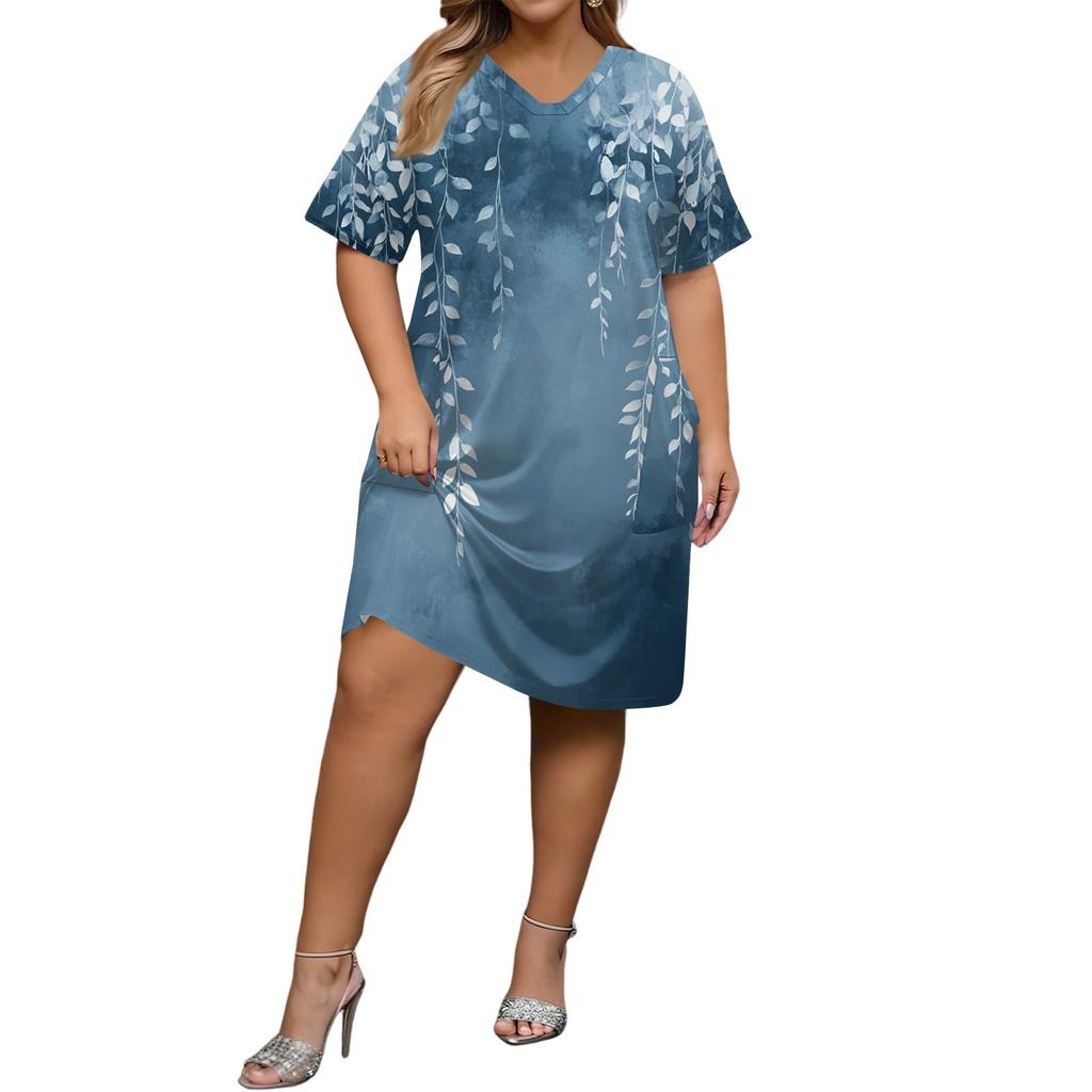 Summer Plus Size V Neck Short Sleeve Knee Pocket  Print Casual Dress For Women