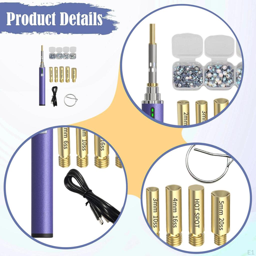 Rhinestone Apply Tool Kit Flat Bottom Setter Adjustable Temperature Portable with 5 Tips