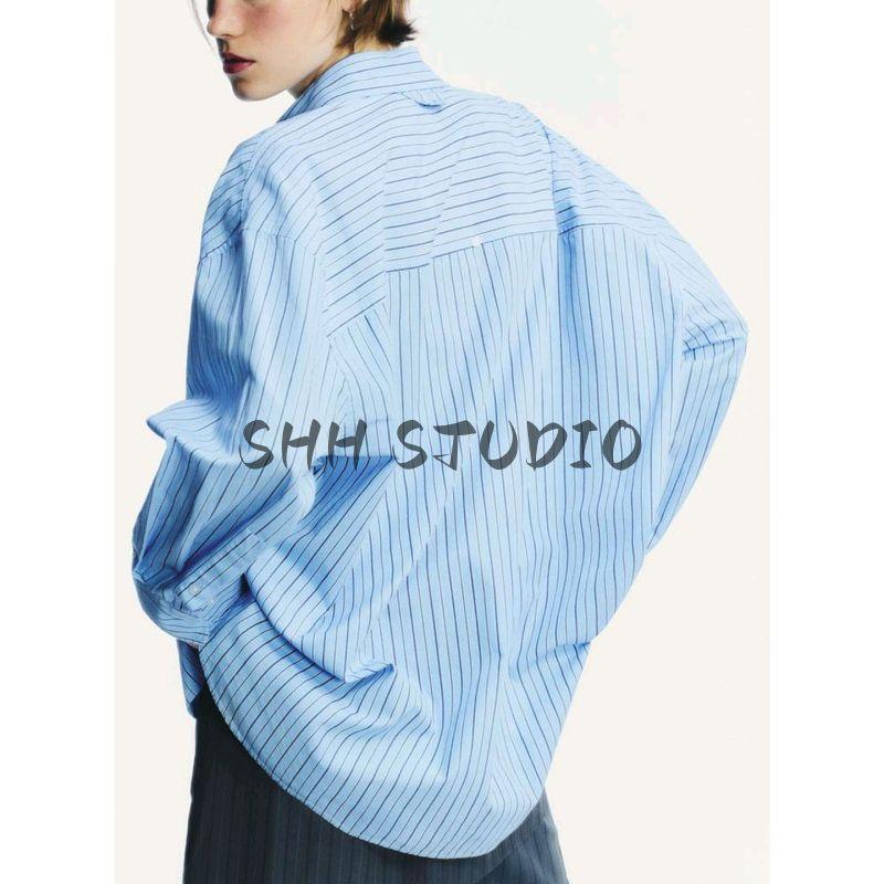 Autumn New Arrival Women clothes Commuter Style Single Breasted Lapel Long sleeve Stripe Loose Poplin Shirts 0975111