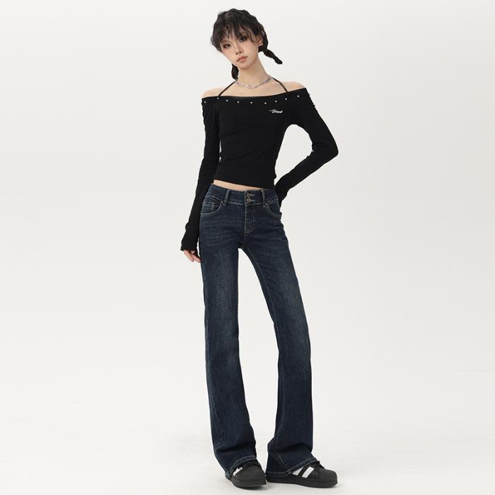 Retro American micro-pull jeans women's autumn and winter new low-waist hip-lift washed thin elastic floor-mopping flared pants